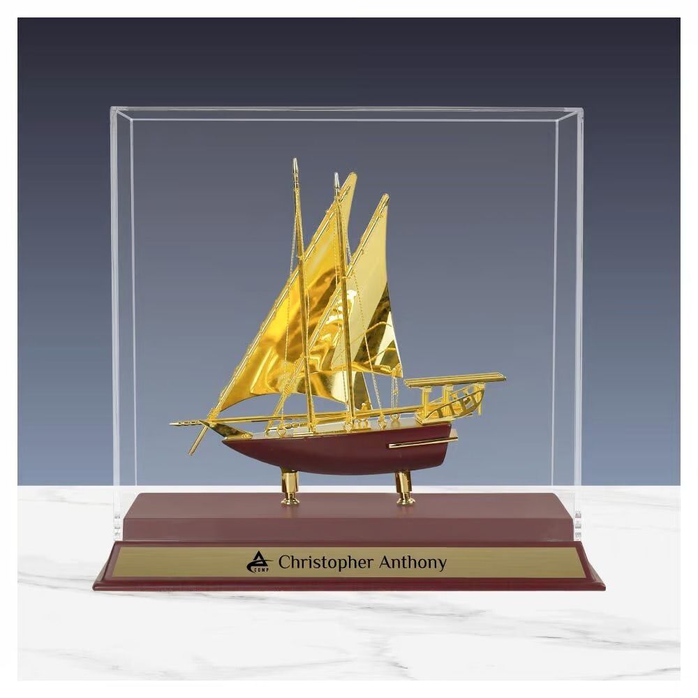 UAE Golden Dhow Souvenir with Wooden Base & Acrylic Display Case
